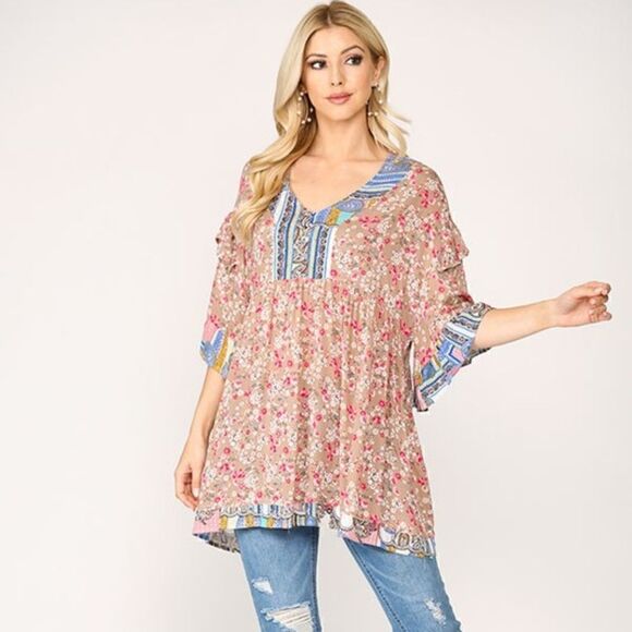 Boho Floral Paisley Print Bell Sleeve Tunic Top - Picture 1 of 4